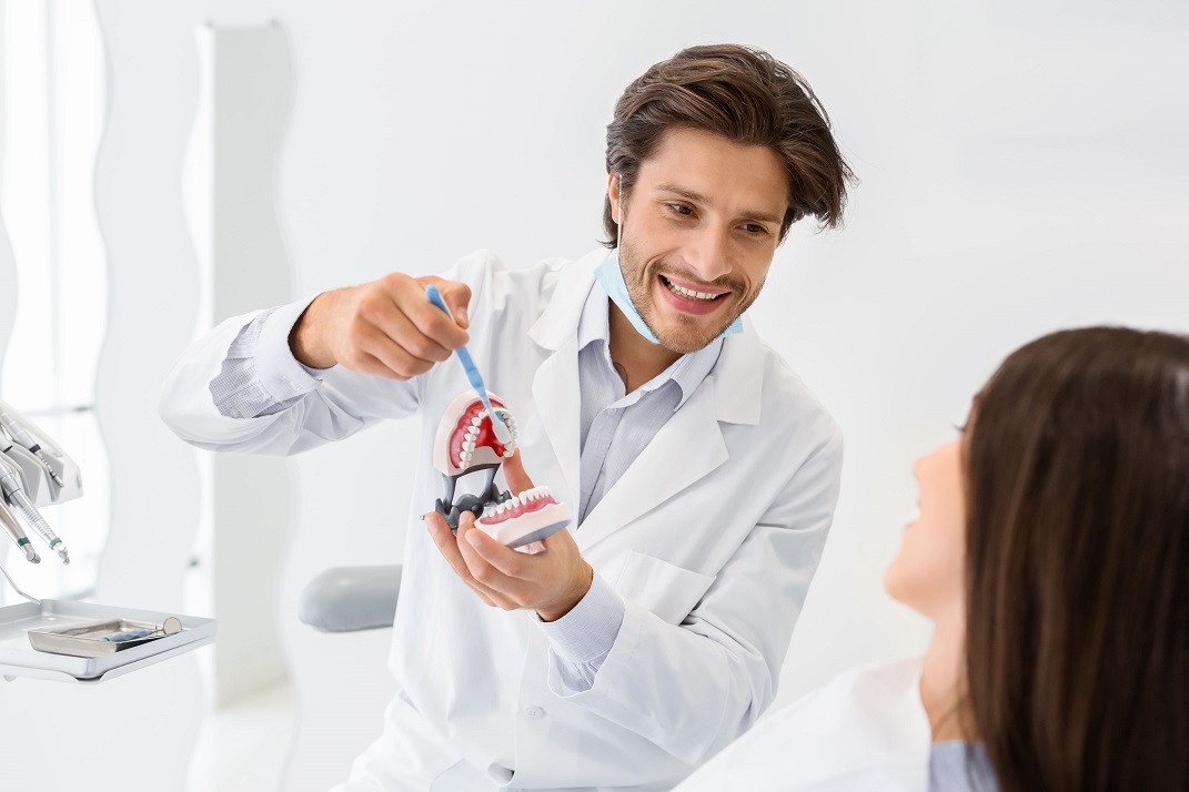 A dentist providing an oral hygiene example to patient